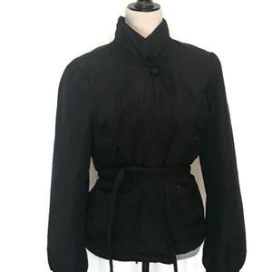 Ruched Bomber Black Cropped Jacket Mandarin Collar